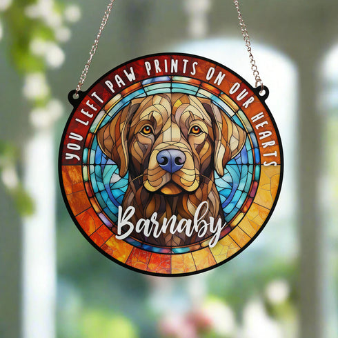 Labrador Chocolate Paw Print Heart Stained Glass Effect Suncatcher